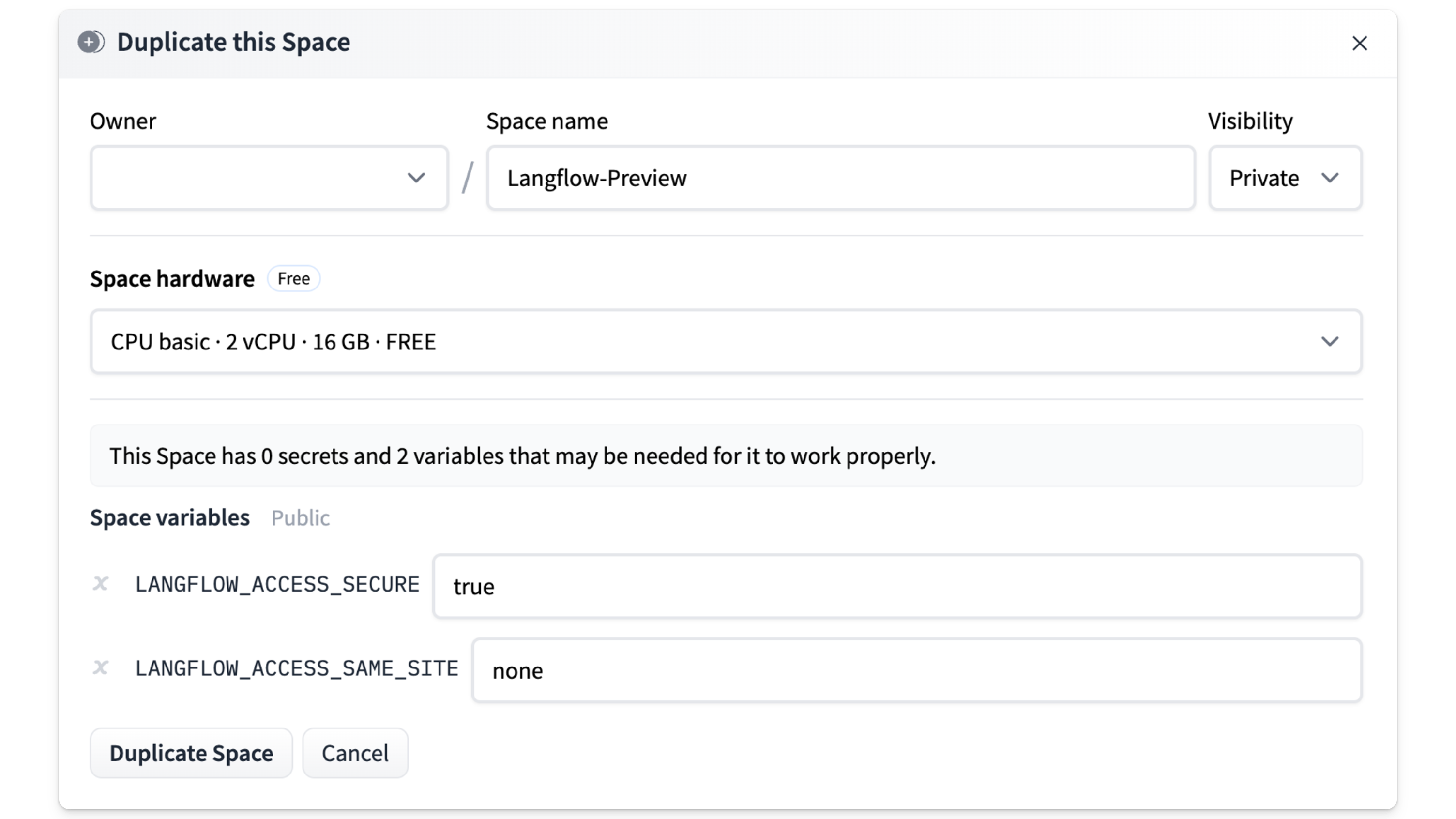 Hugging Face deployment dialog